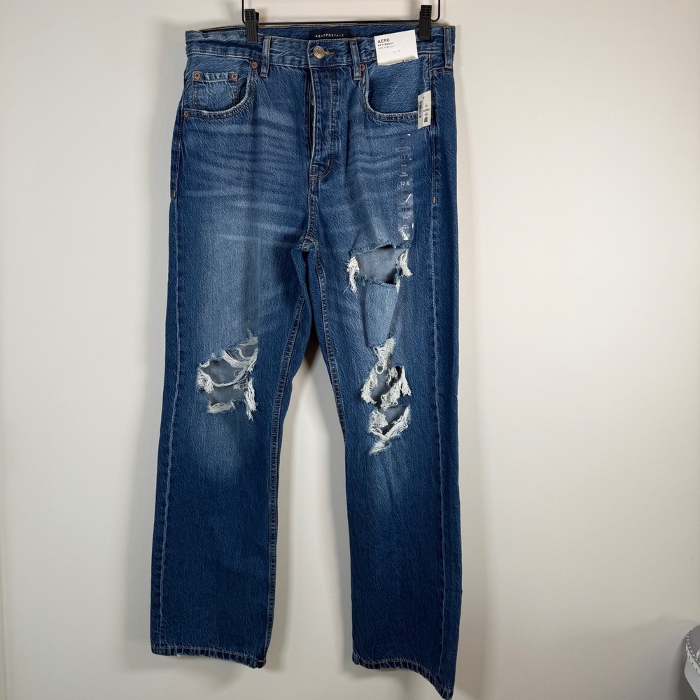 NEW Aeropostale 90's Baggy Jeans 12 Regular Blue Distressed High Rise Button Fly